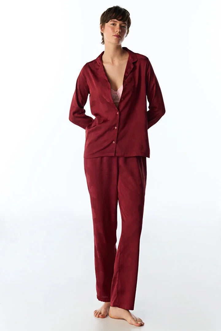 Penti Bordeaux Orquidea Satin Floral Long Sleeve Shirt & Trouser Pyjama Set