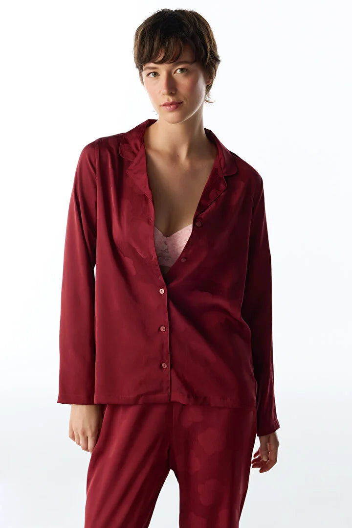 Penti Bordeaux Orquidea Satin Floral Long Sleeve Shirt & Trouser Pyjama Set