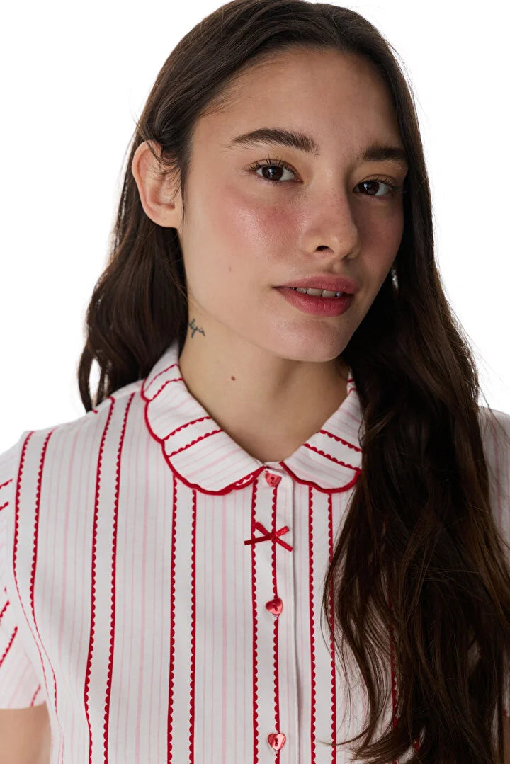 Penti Off-White Rosy Stripes Shirt & Pants Pajama Set