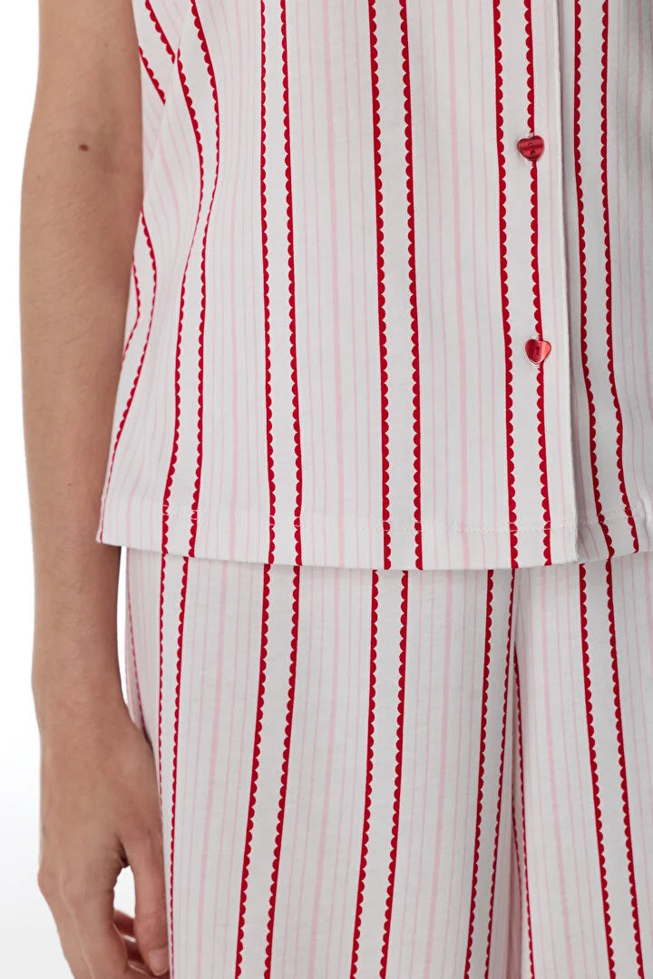 Penti Off-White Rosy Stripes Shirt & Pants Pajama Set