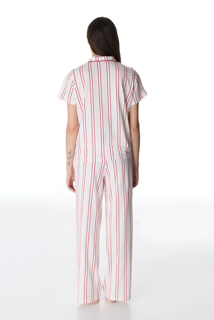 Penti Off-White Rosy Stripes Shirt & Pants Pajama Set