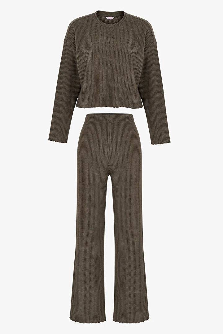 Penti Khaki Waffle Long Sleeve Pyjama Set with Trousers