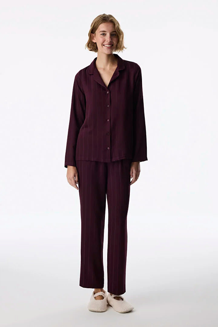 Penti Bordeaux Maroon Satin Striped Long-Sleeve Shirt And Pants Pajama Set