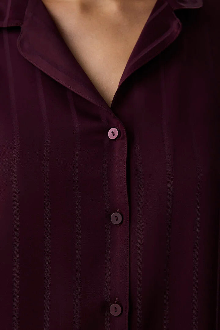 Penti Bordeaux Maroon Satin Striped Long-Sleeve Shirt And Pants Pajama Set