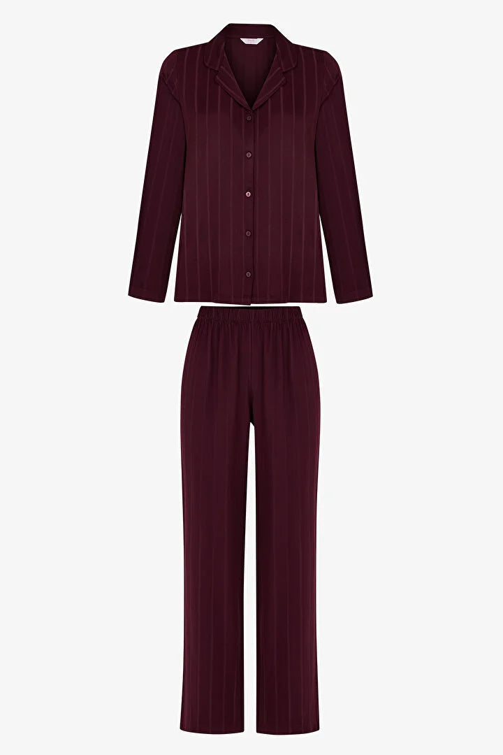 Penti Bordeaux Maroon Satin Striped Long-Sleeve Shirt And Pants Pajama Set