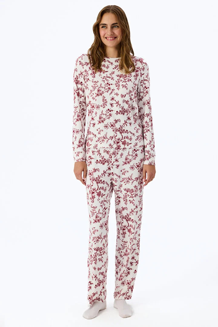 Penti Off White Comfy Floral Long Sleeve Pyjama Set With Trousers