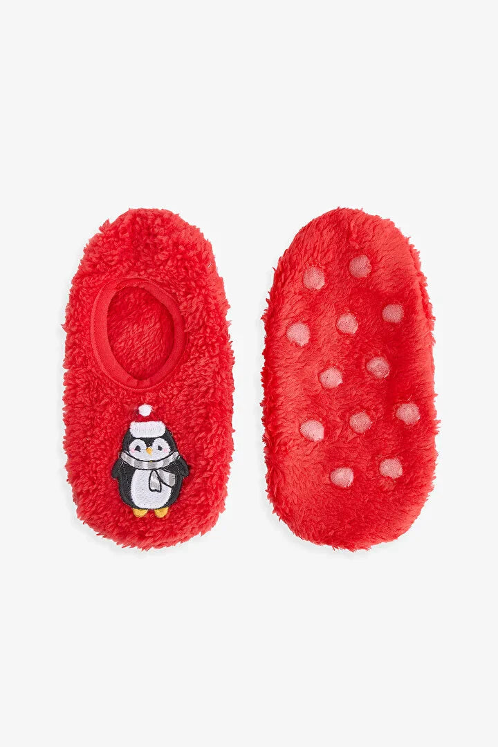 Penti Unisex Children's Red Penguin Print Non-Slip Sole Home Booties