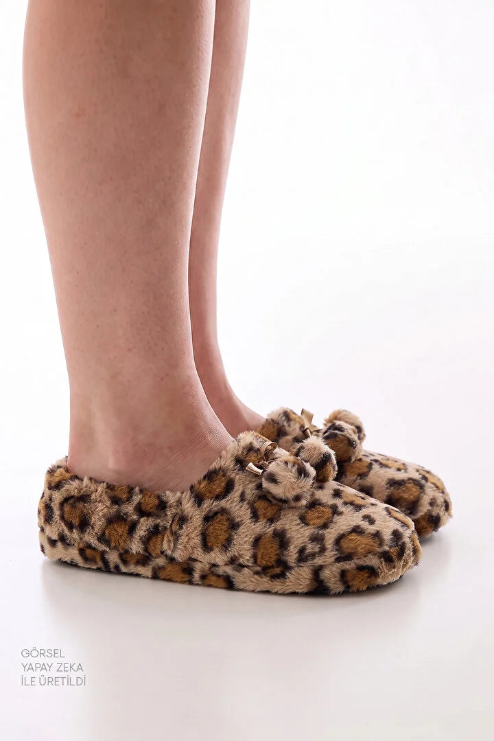 Penti Ecru Fluffy Leopard Pompom House Slippers
