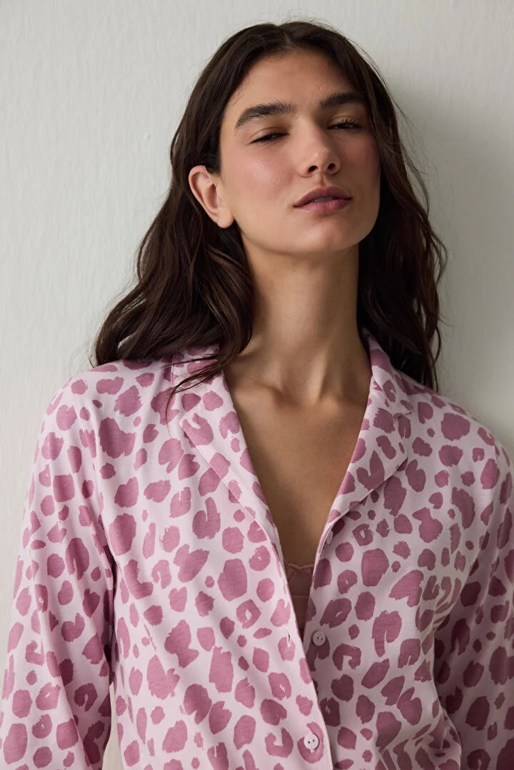 Penti Pink Leopard Patterned Long Sleeve Button-Down Shirt Collar Pajama Set