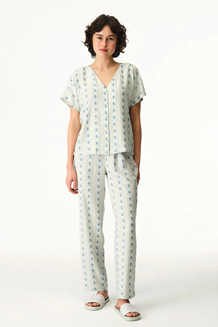 Penti Light Green Serenity Striped Shirt & Pants Pajama Set