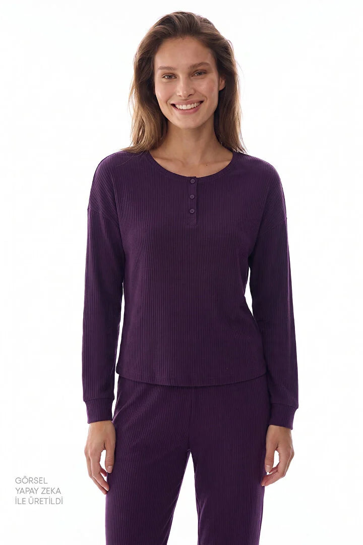 Penti Dark Purple Midnight Mood Rib Pantolon Long Sleeve Pyjama Set