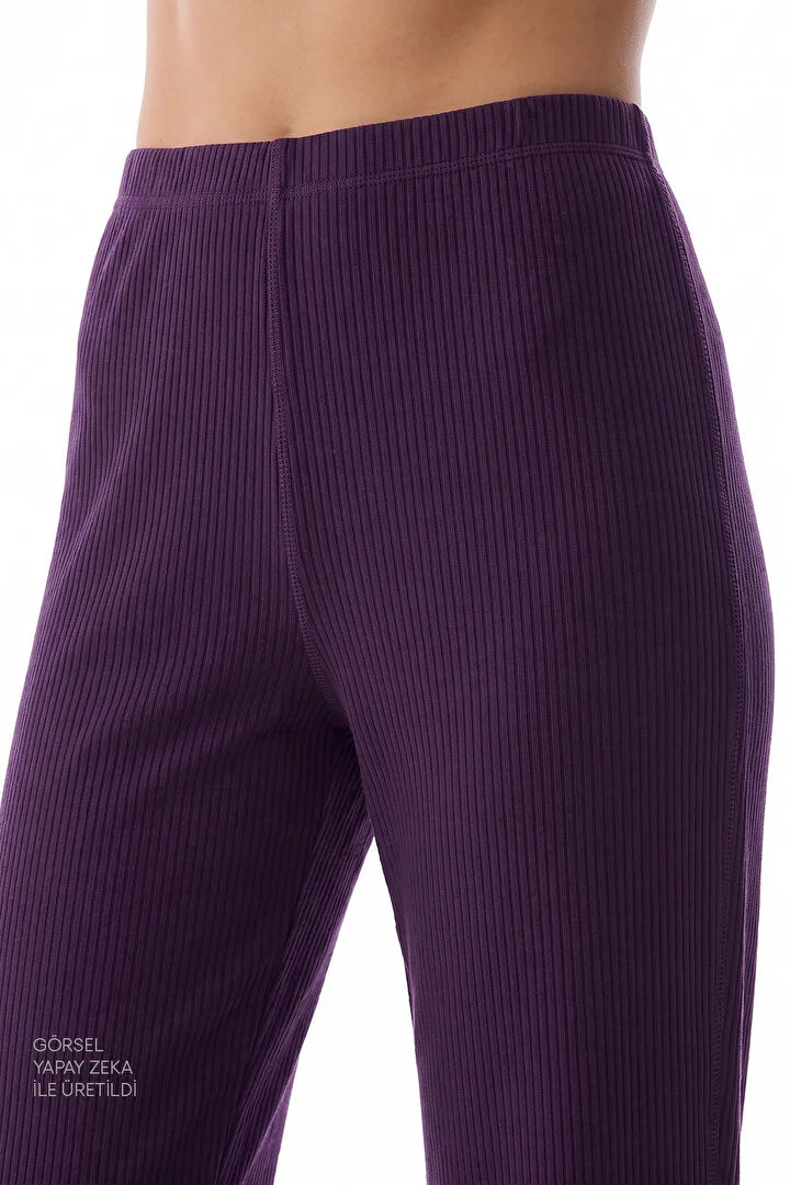 Penti Dark Purple Midnight Mood Rib Pantolon Long Sleeve Pyjama Set
