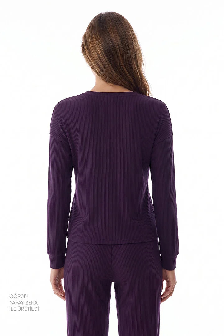 Penti Dark Purple Midnight Mood Rib Pantolon Long Sleeve Pyjama Set