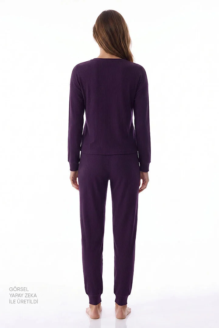 Penti Dark Purple Midnight Mood Rib Pantolon Long Sleeve Pyjama Set