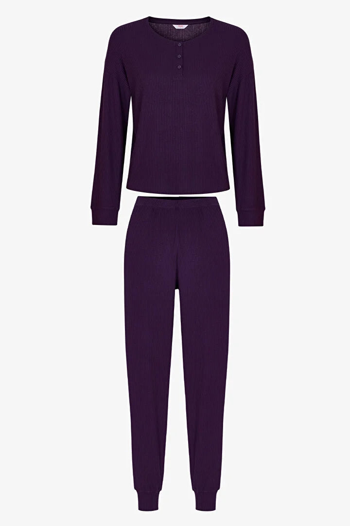 Penti Dark Purple Midnight Mood Rib Pantolon Long Sleeve Pyjama Set