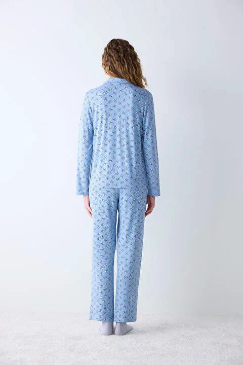 Penti Cute Bows Light Blue Shirt Pant Pyjama Set