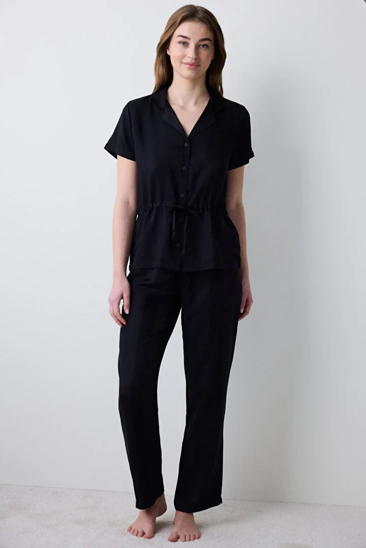 Penti Loves Paris Satin Shirt Pant Black Pj Set