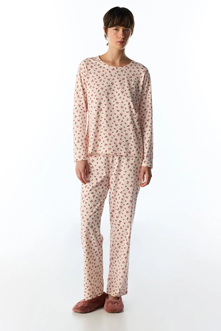 Penti Soft Pink Petal Floral Long-Sleeved Pants Pajama Set