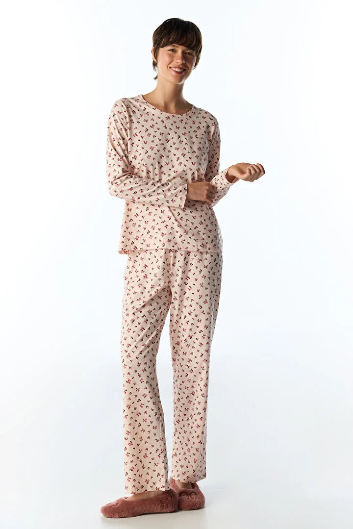 Penti Soft Pink Petal Floral Long-Sleeved Pants Pajama Set