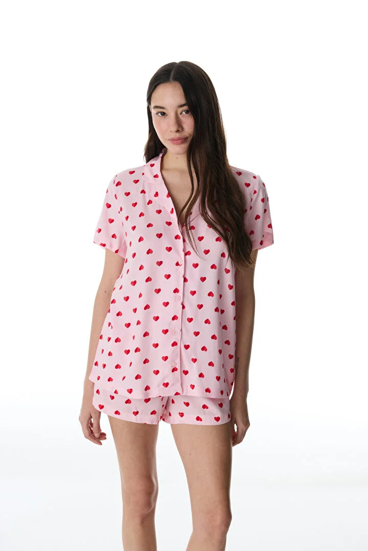 Penti Pink Cute Hearts Shirt &amp; Shorts Pajama Set