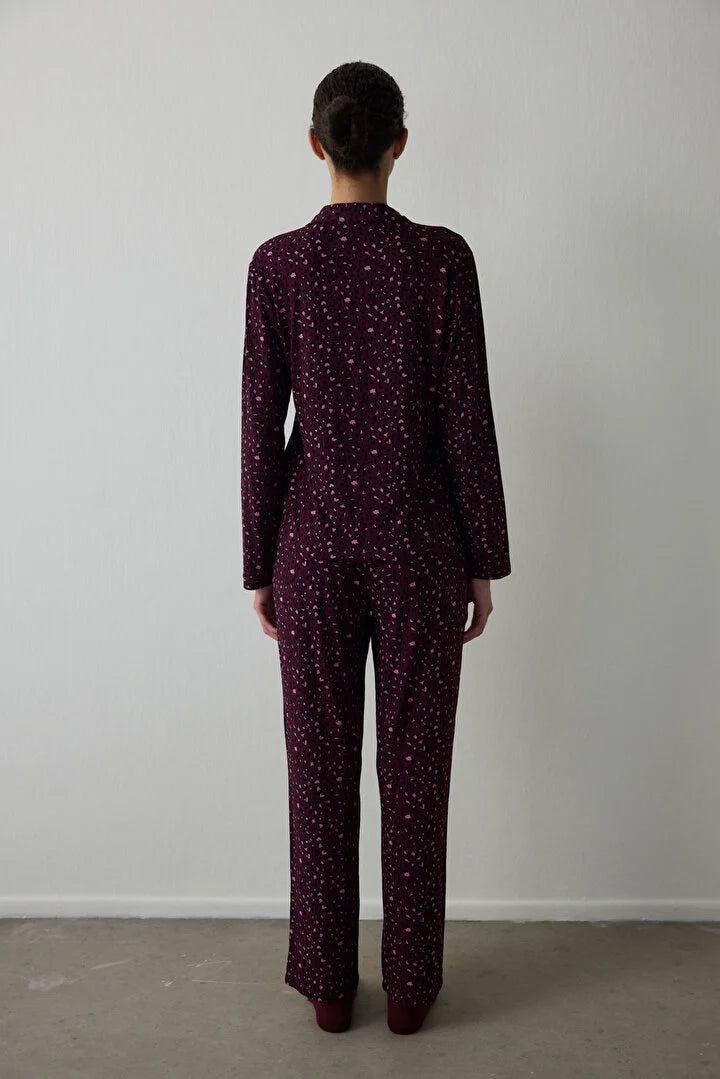 Penti Burgundy Leopard Patterned Ribbed Shirt Collar Long Sleeve Pajama Set