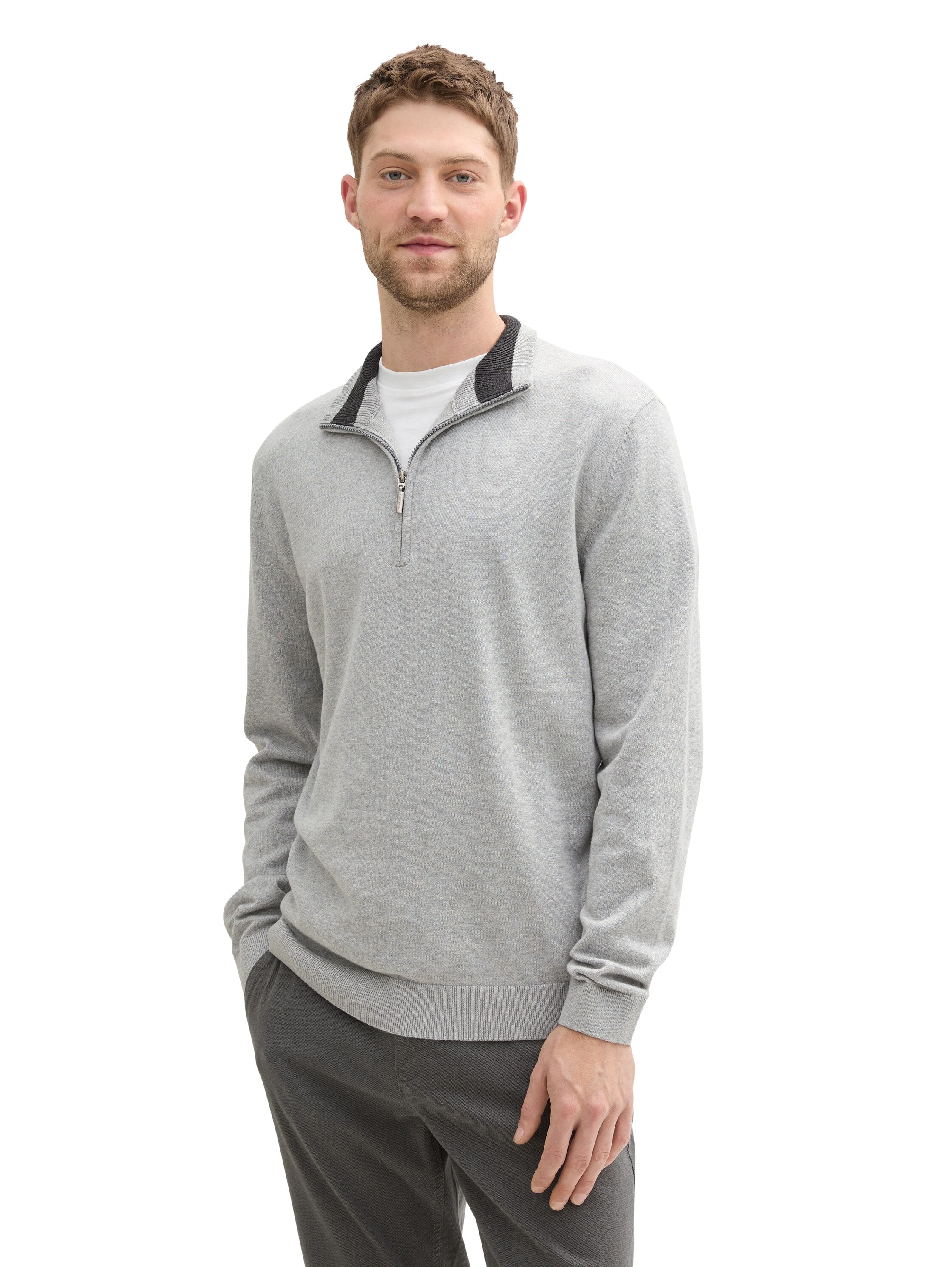 Tom Tailor light Grey Sweater With Half Zipper To Close