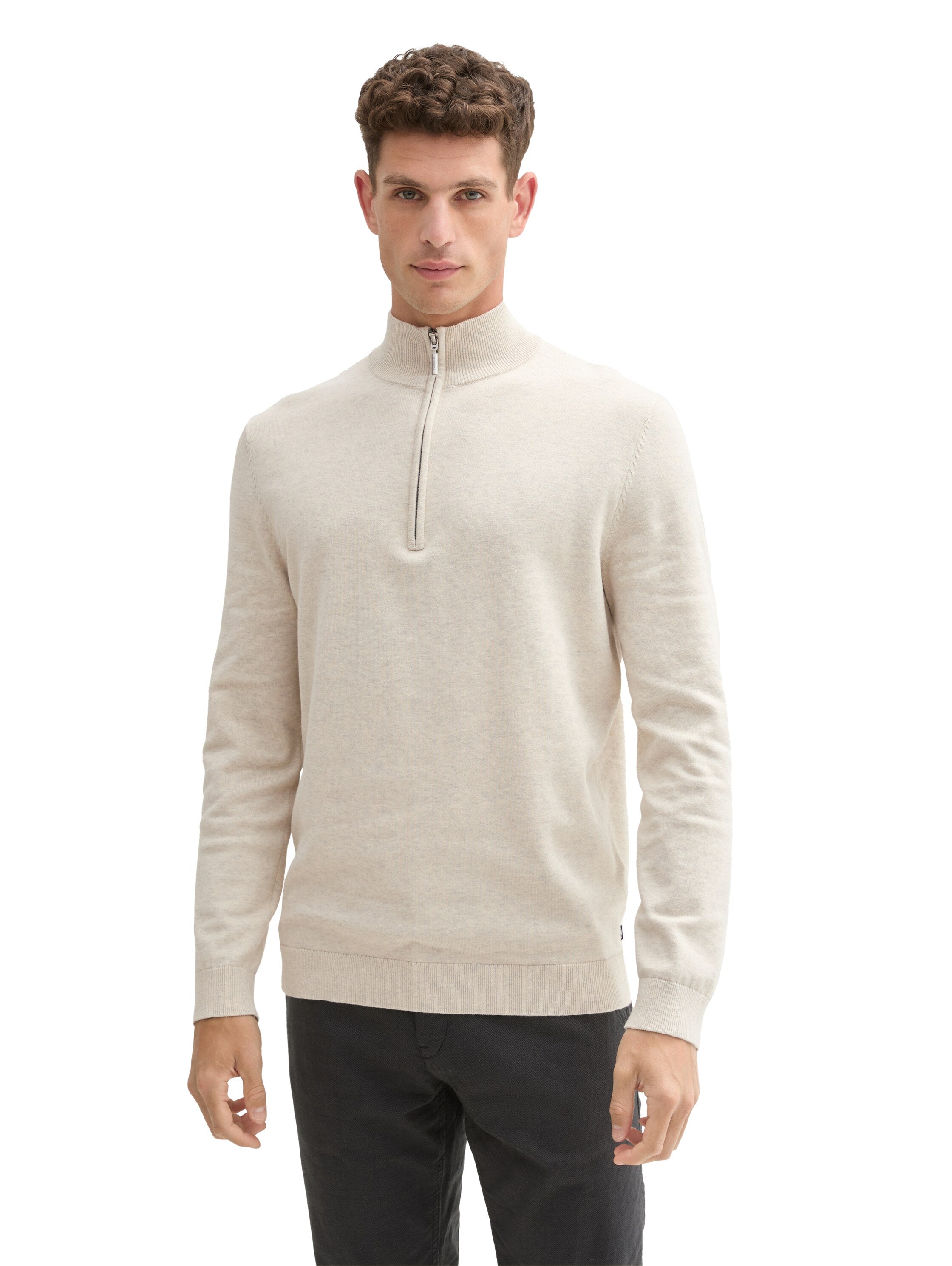 Tom Tailor Light Sand Sweater With Half Zipper To Close