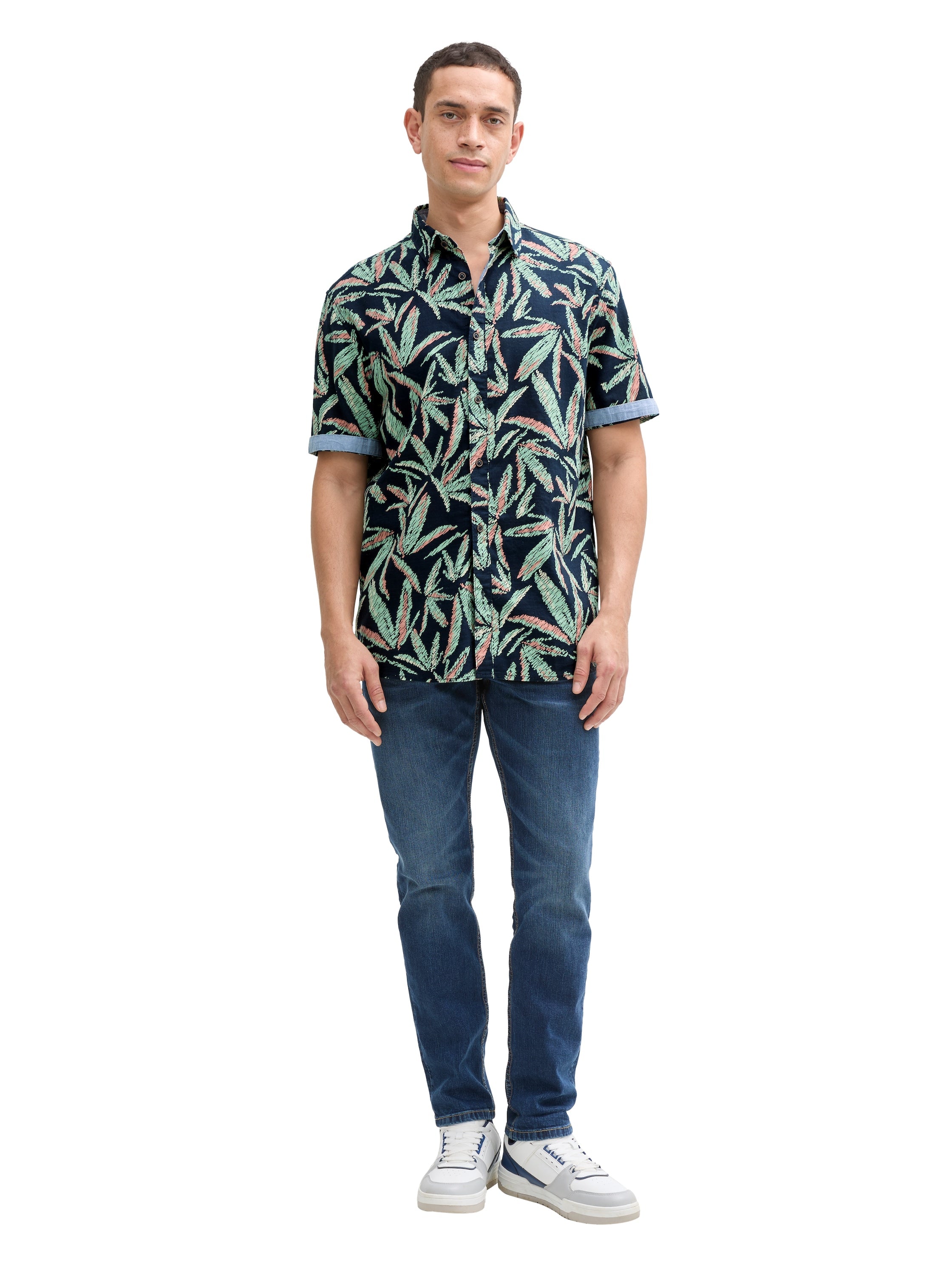 Tom Tailor Comfort Fit Navy Shirt With Palm Tree Print