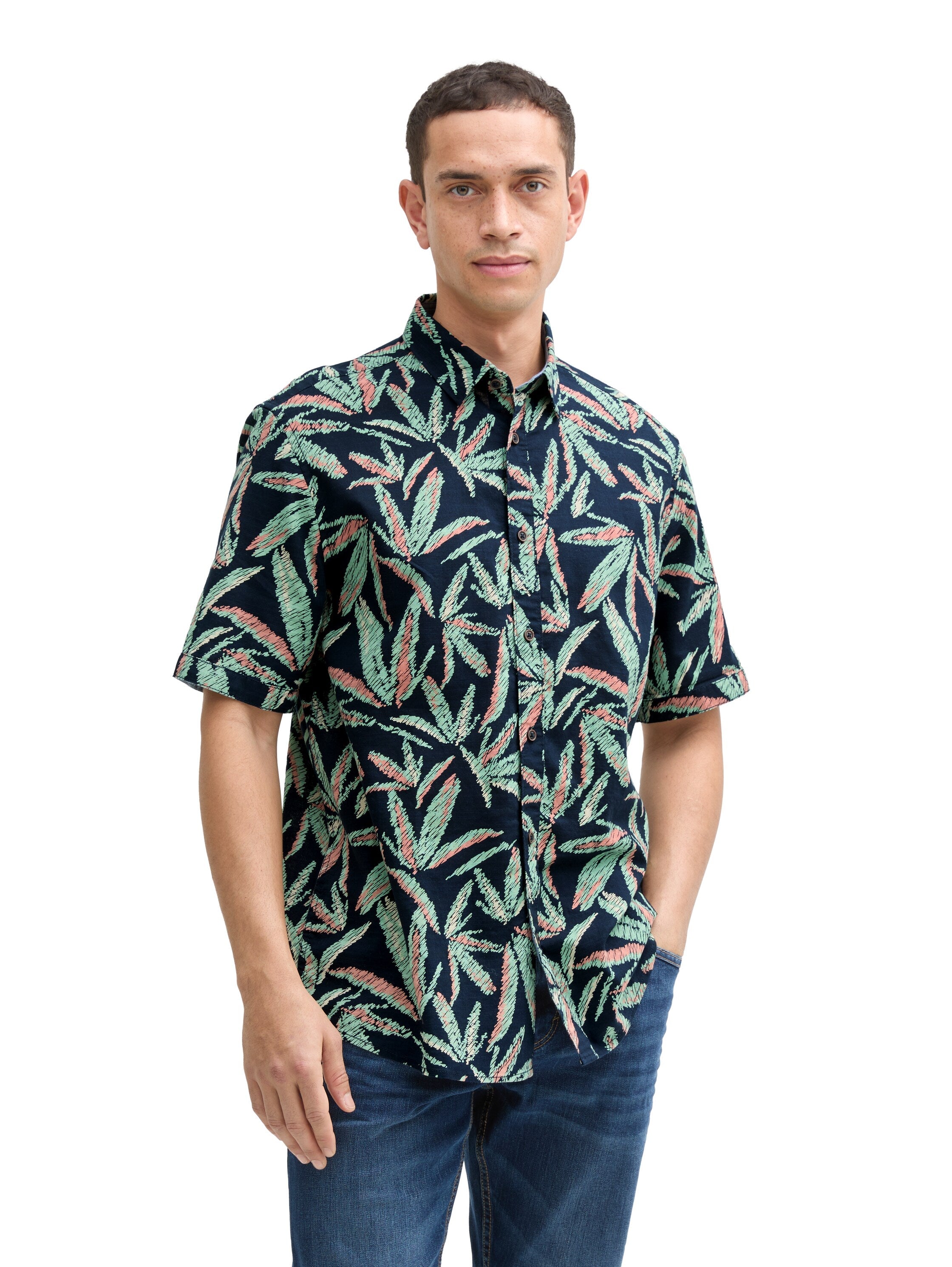 Tom Tailor Comfort Fit Navy Shirt With Palm Tree Print