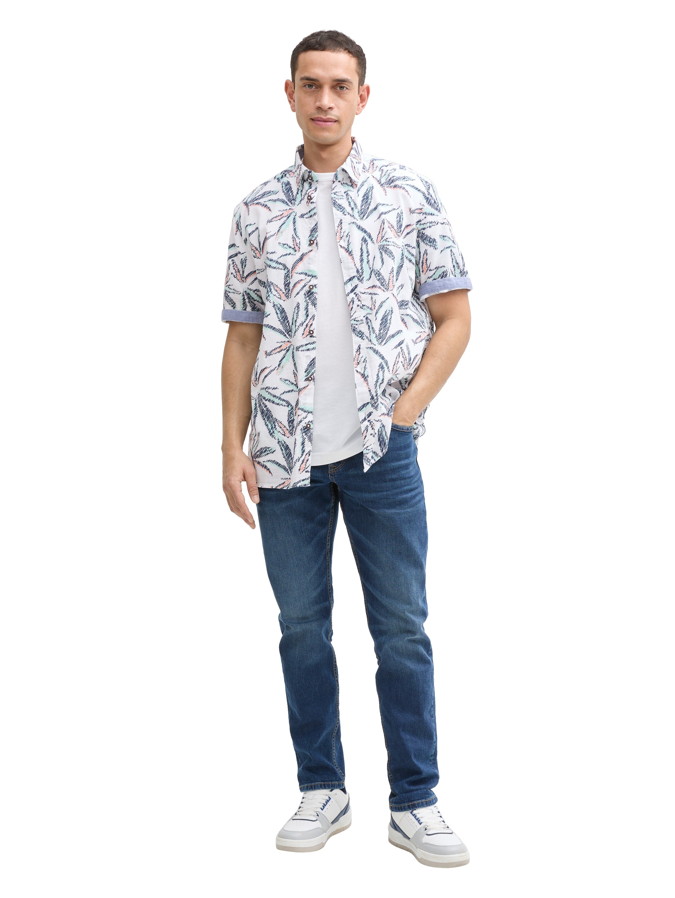 Tom Tailor Comfort Fit White Shirt With Palm Tree Print