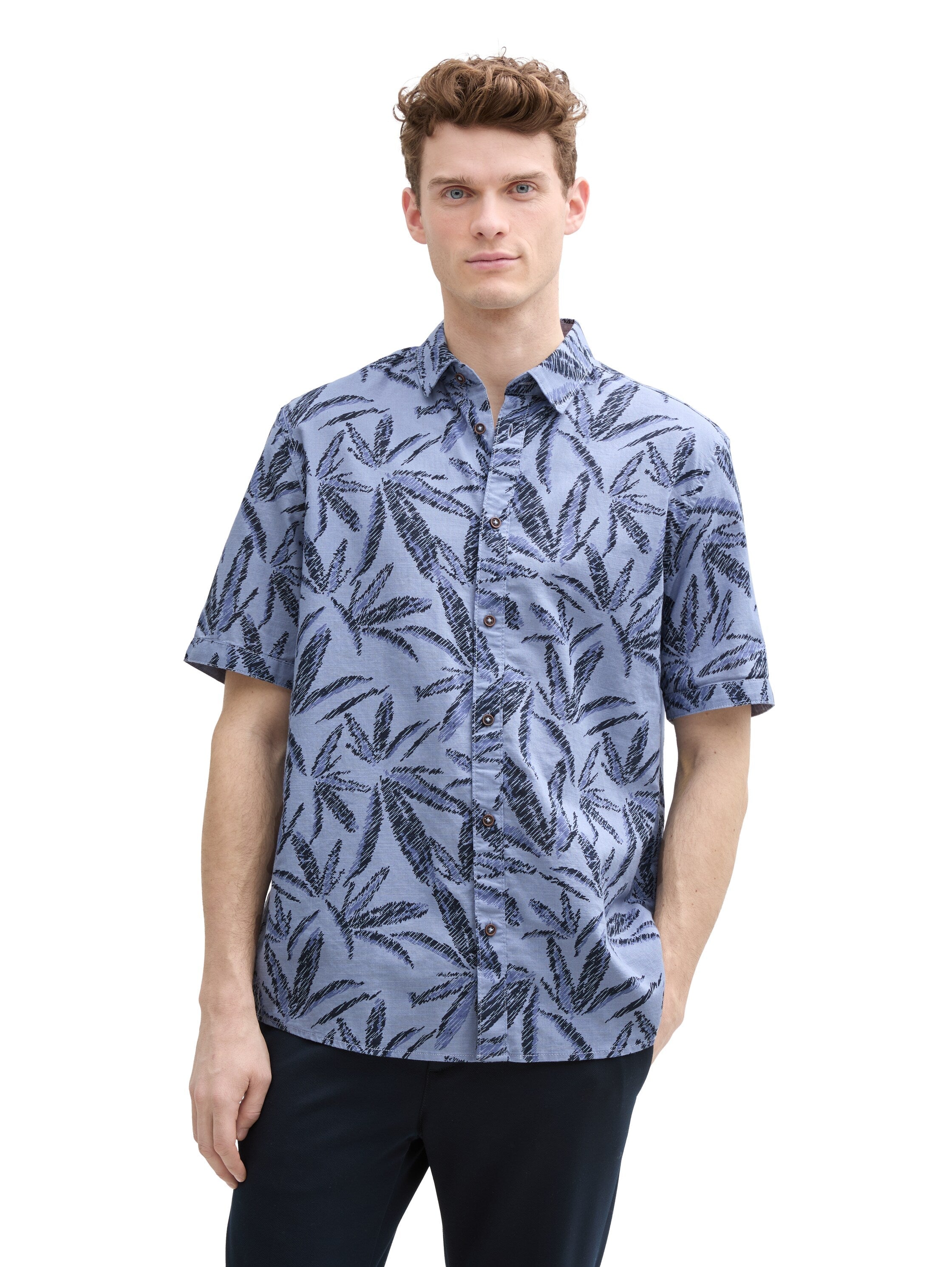 Tom Tailor Comfort Fit Dove Blue Shirt With Palm Tree Print