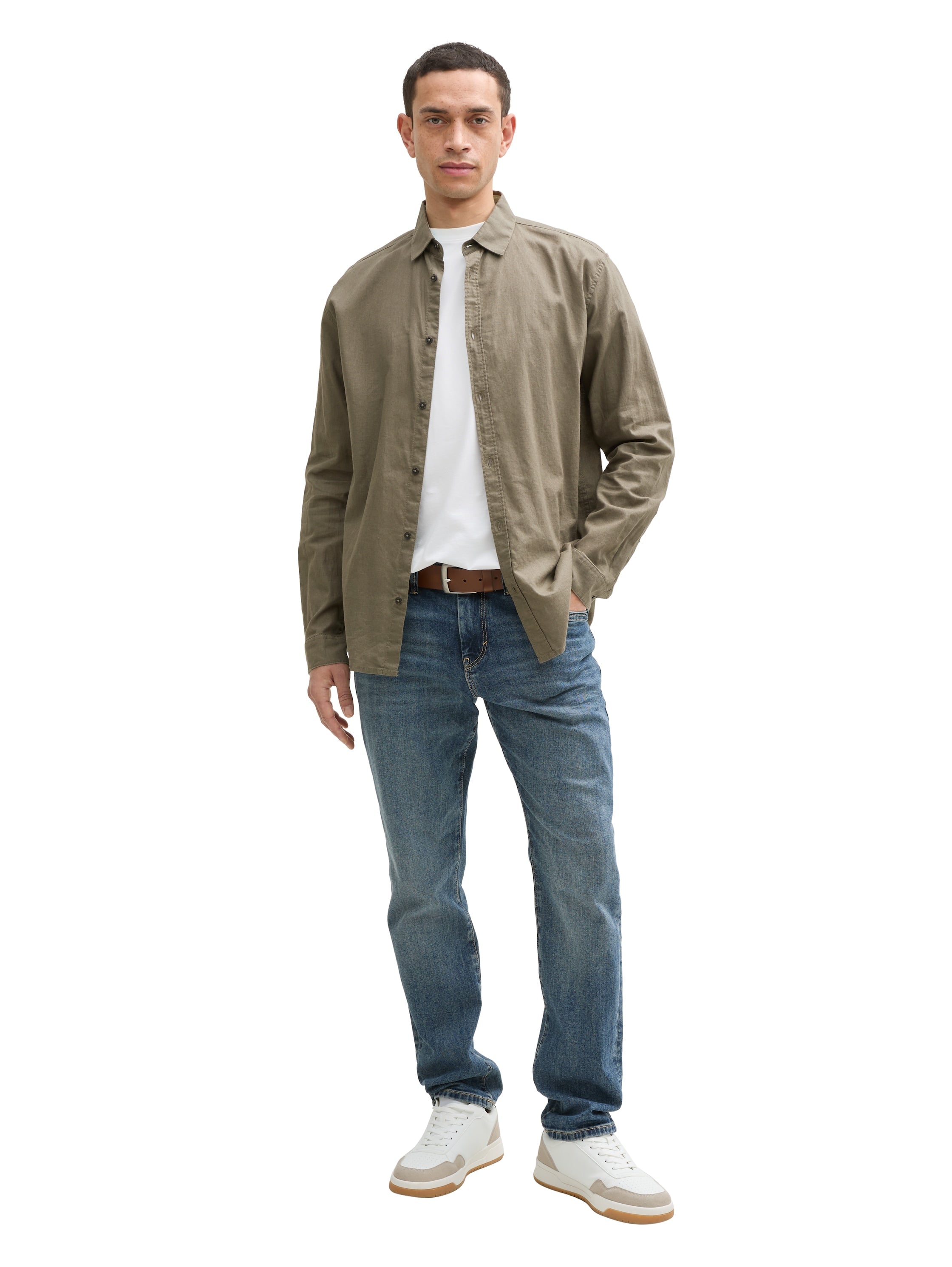 Tom Tailor Long Sleeved Smokey Olive Green Shirt With Linen Content