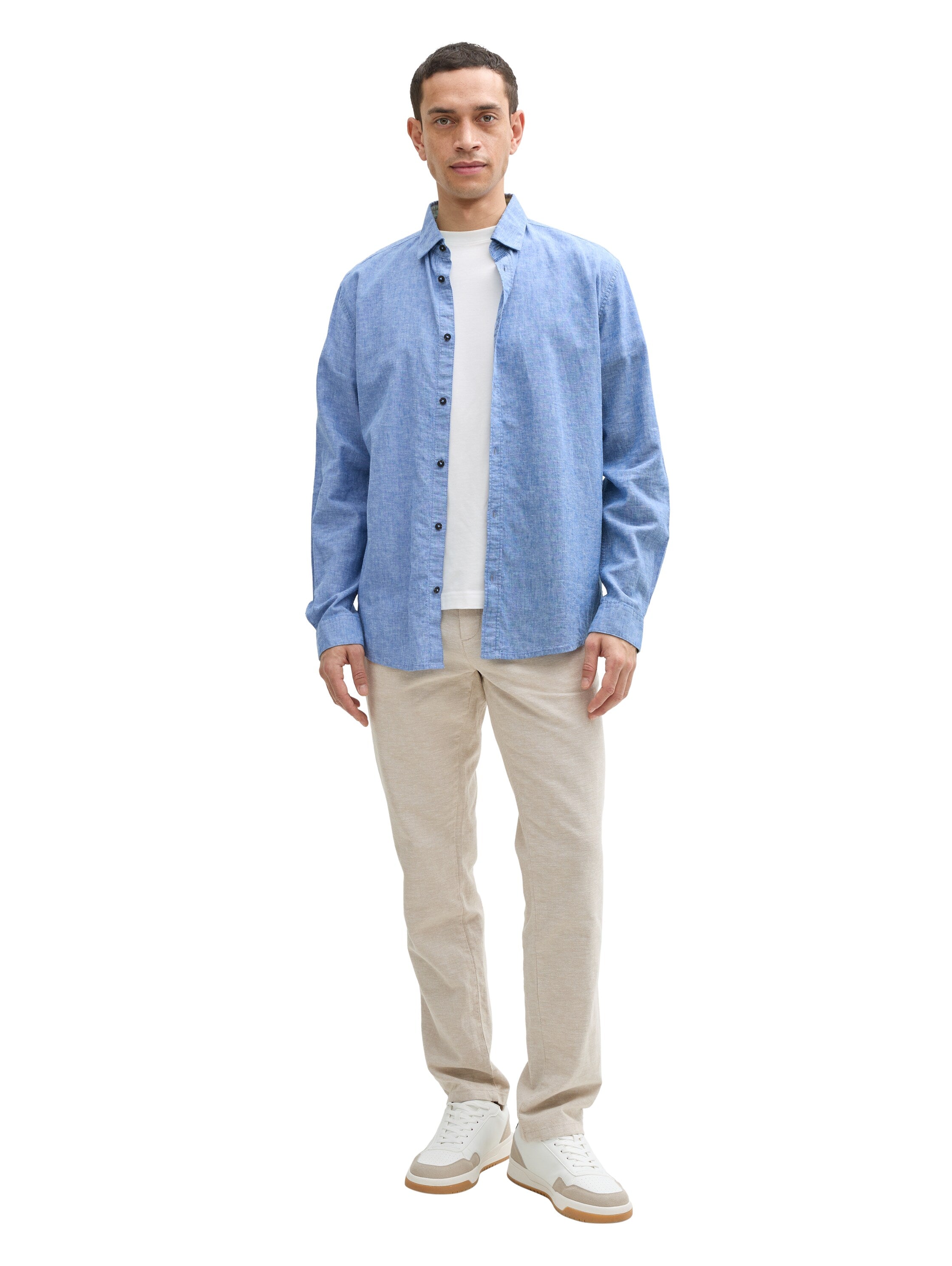 Tom Tailor Long Sleeved Sapphire Blue Shirt With Linen Content