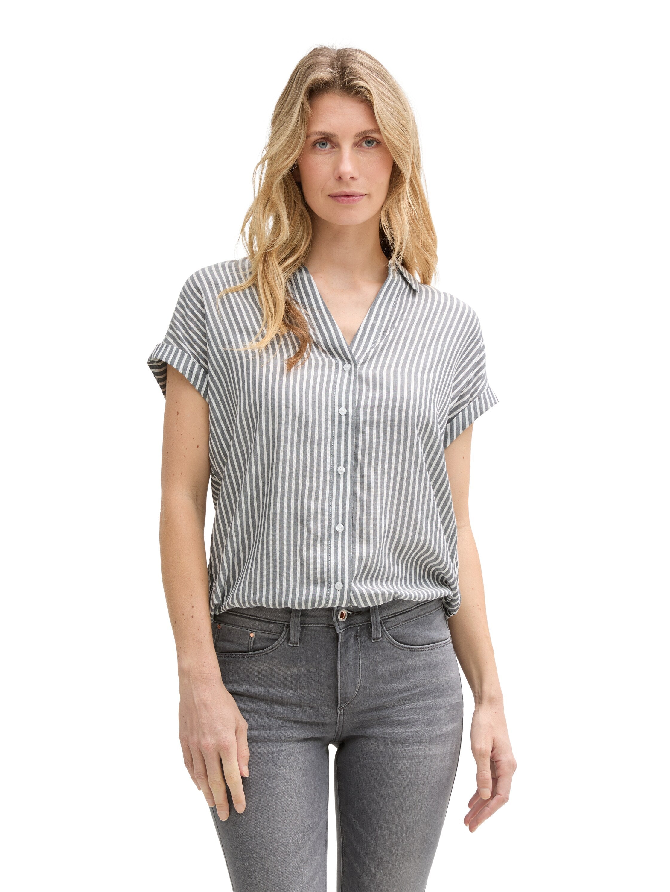 Tom Tailor Navy Loose Fit Blouse With White Thin Stripes