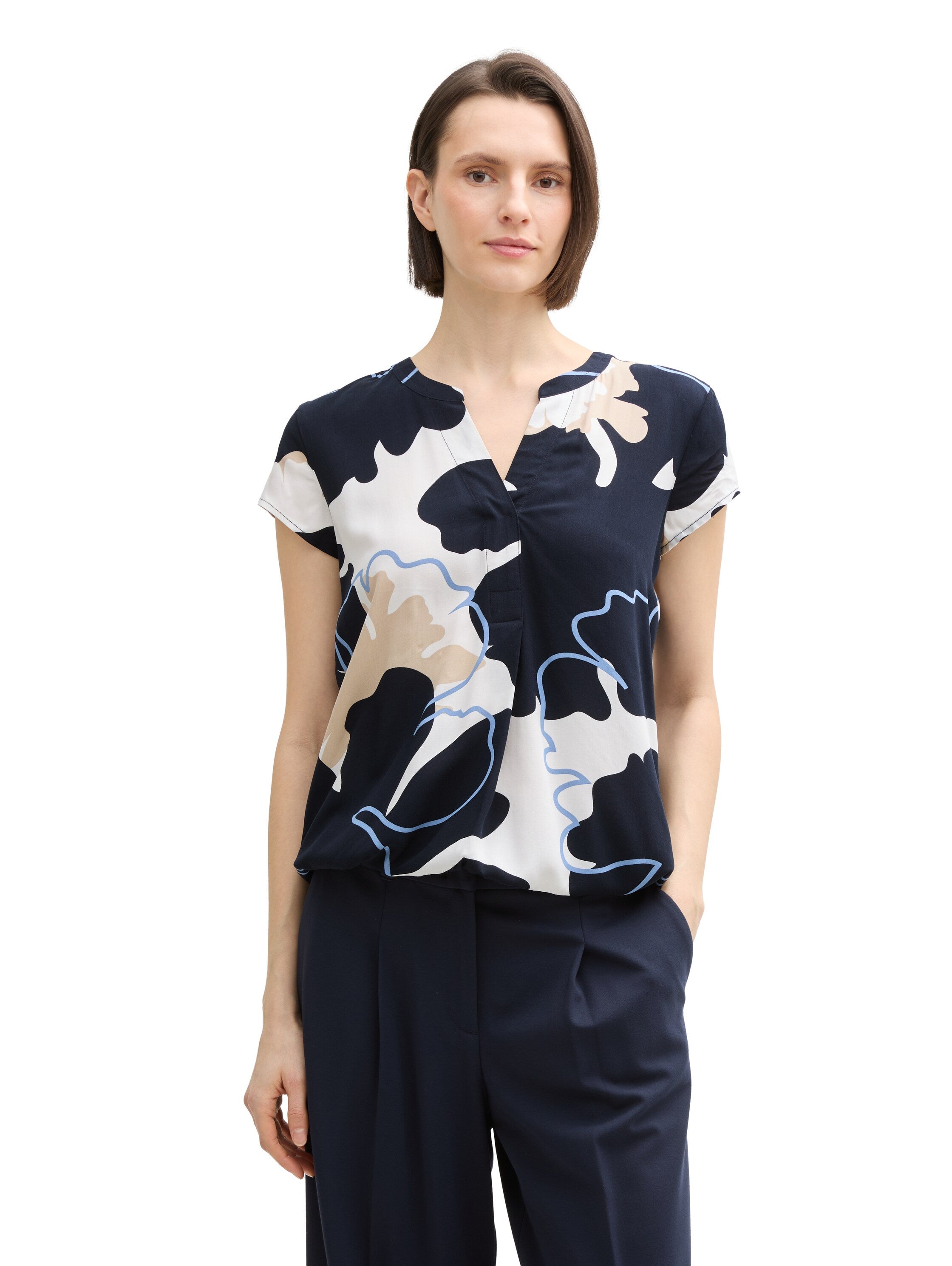 Tom Tailor Navy Short-Sleeved Blouse With Floral Shapes Design