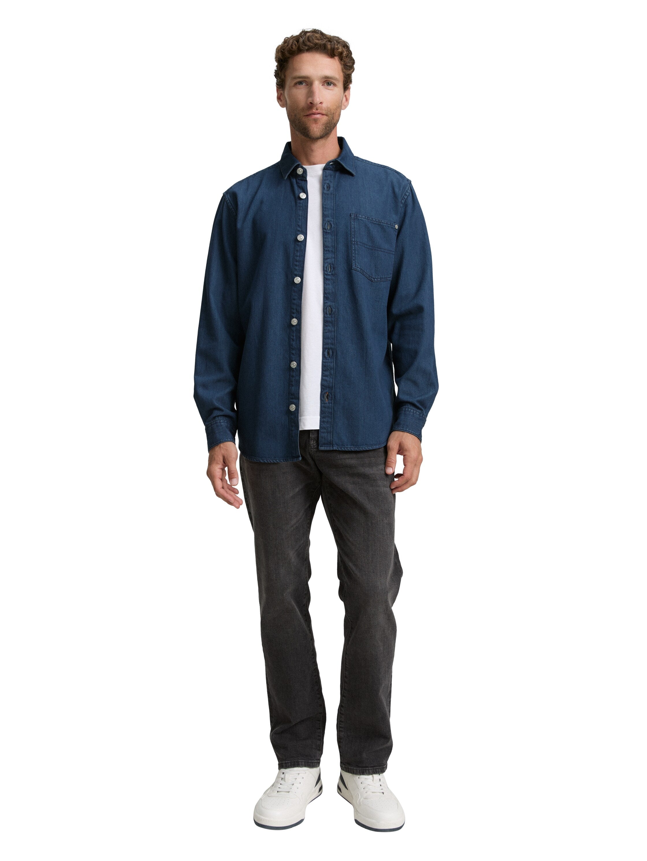 Tom Tailor Blue Denim Shirt With White Button