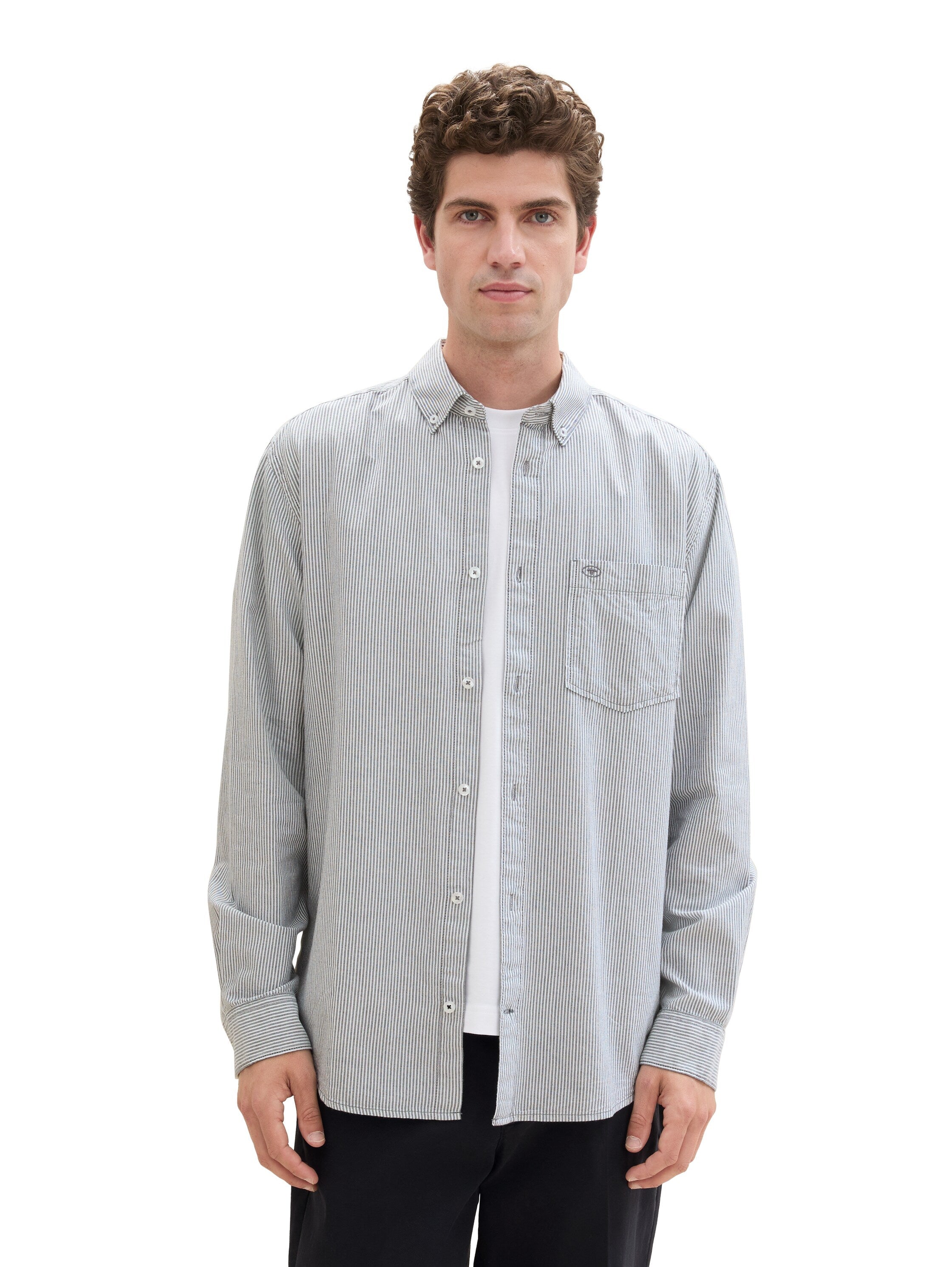 Tom Tailor Regular Fit White With Navy Stripe Shirt with Breast Pocket