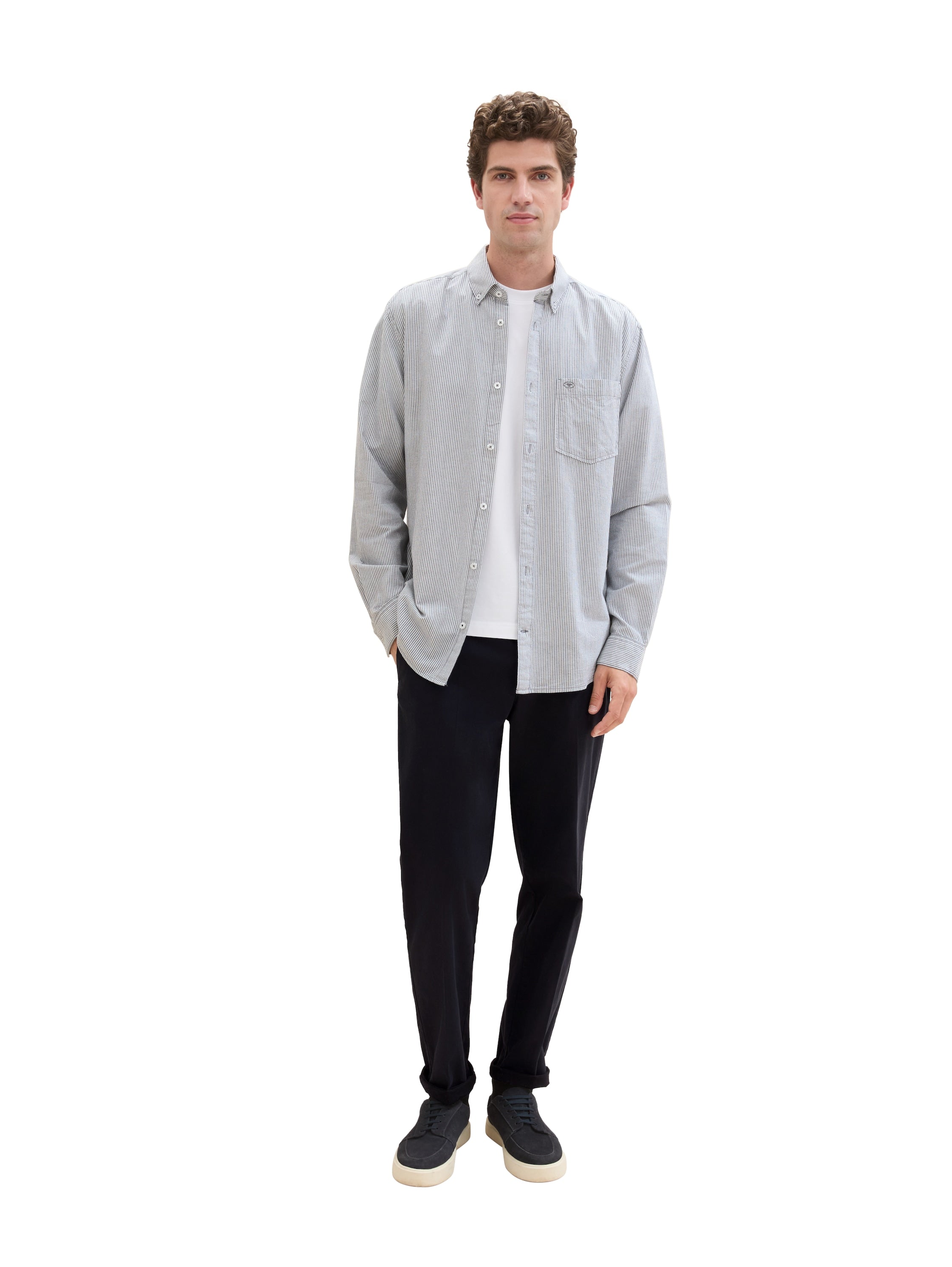 Tom Tailor Regular Fit White With Navy Stripe Shirt with Breast Pocket