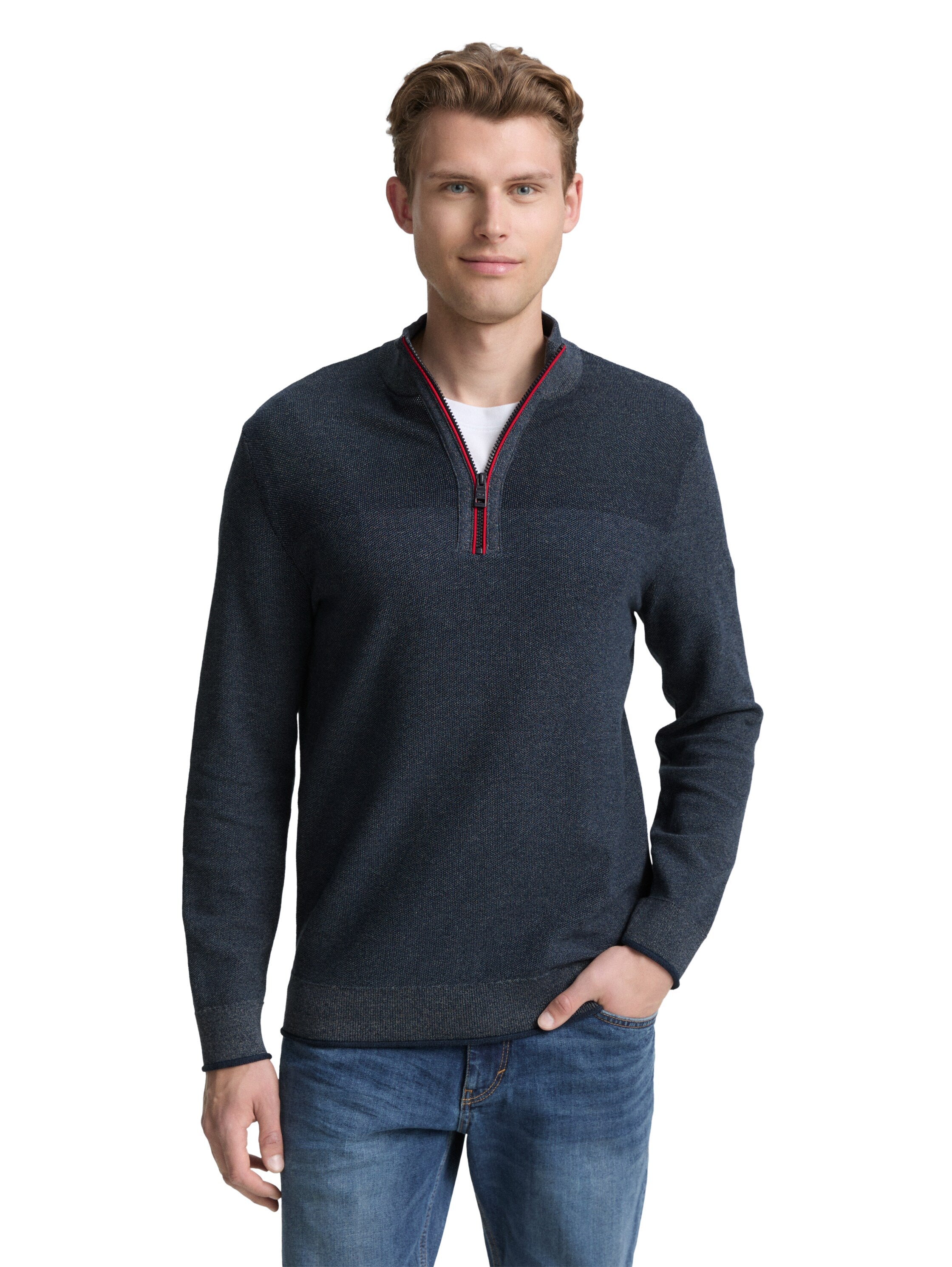 Tom Tailor Navy Blue Pullover With Half Zipper To Close