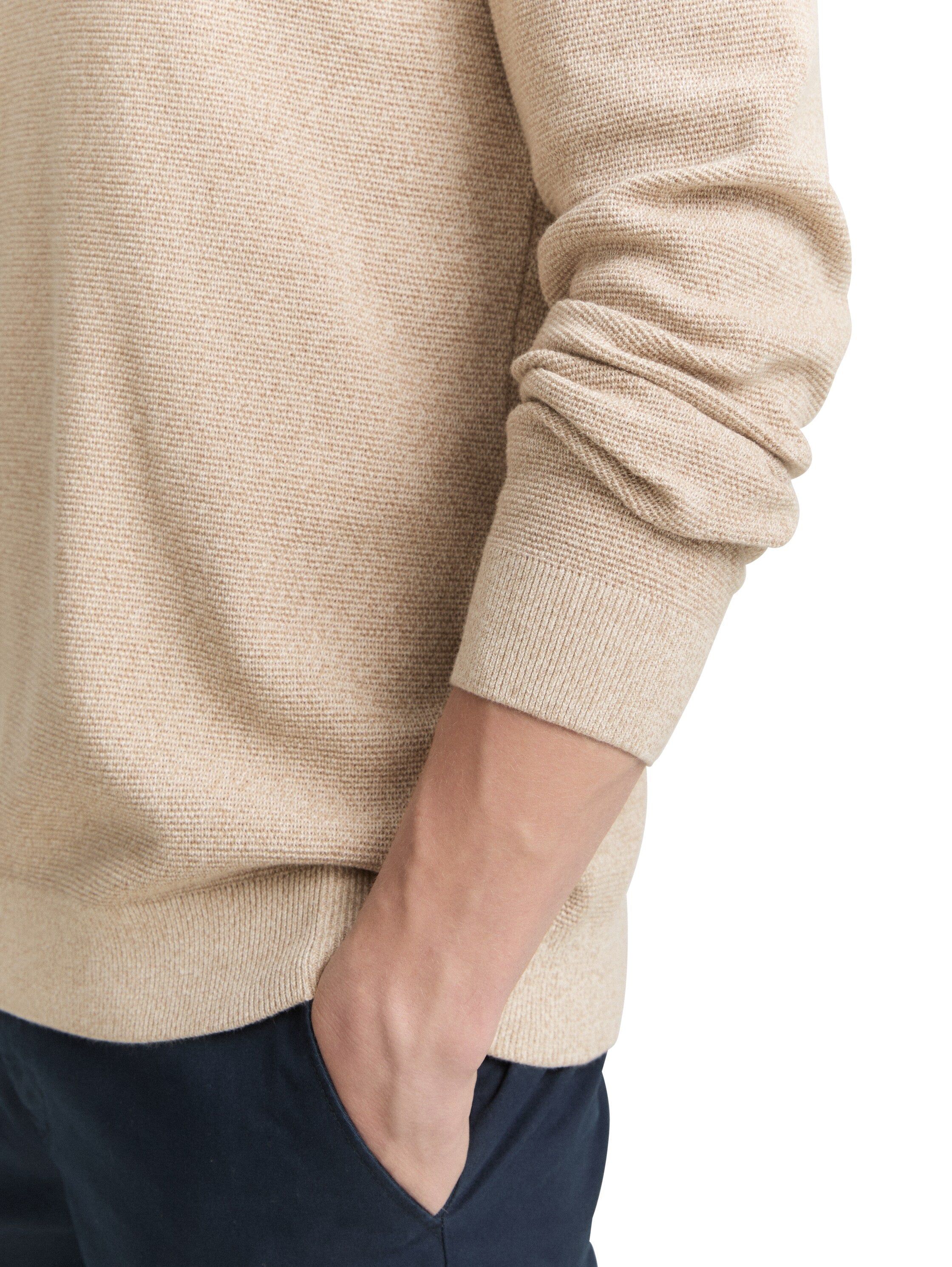 Tom Tailor Knitted Beige Sweater With V- Neck Collar