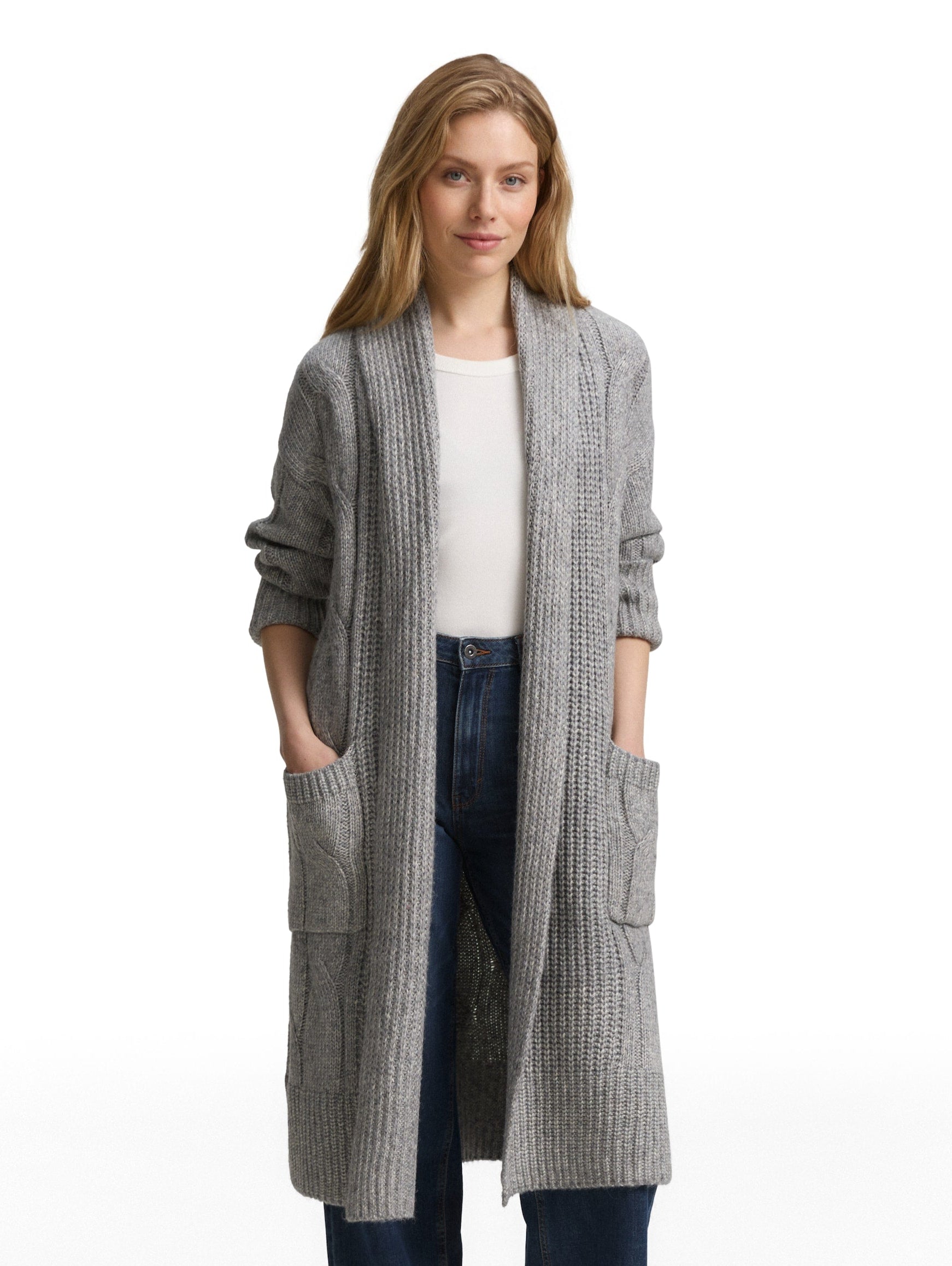 Tom Tailor Loose Fit Silver Grey Cardigan With Cable Knit Pattern