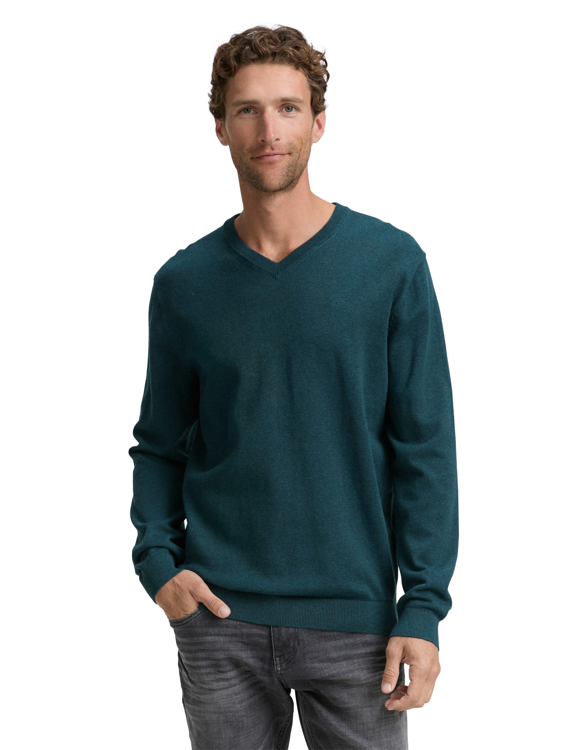 Tom Tailor Cotton V-Neck Knitted Dark Green Pullover