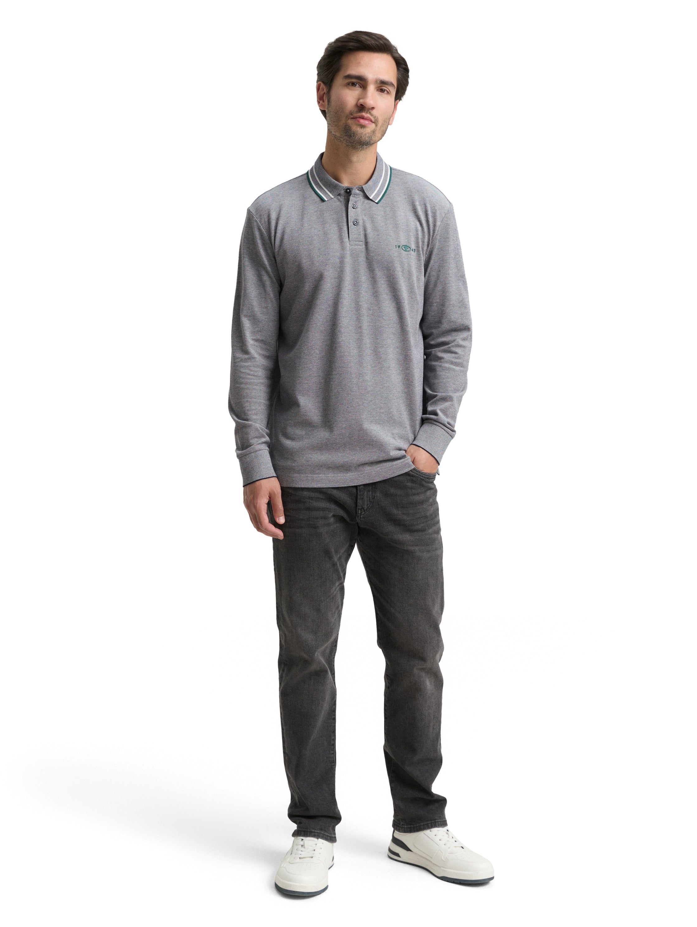Tom Tailor Long-sleeved Piqué Grey Polo with Logo Print
