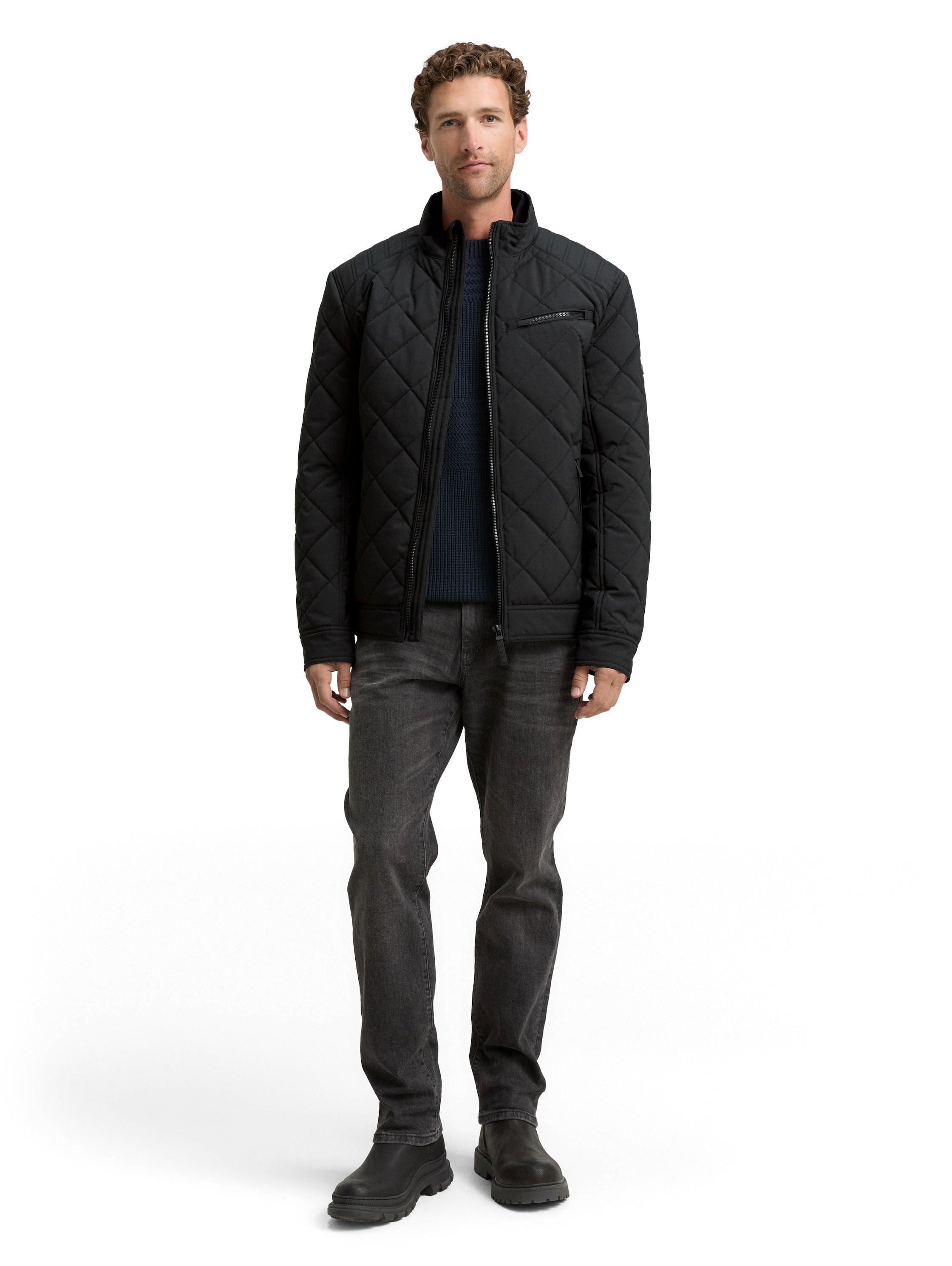 Tom Tailor Black Padded Zippered Jacket Stand up Collar