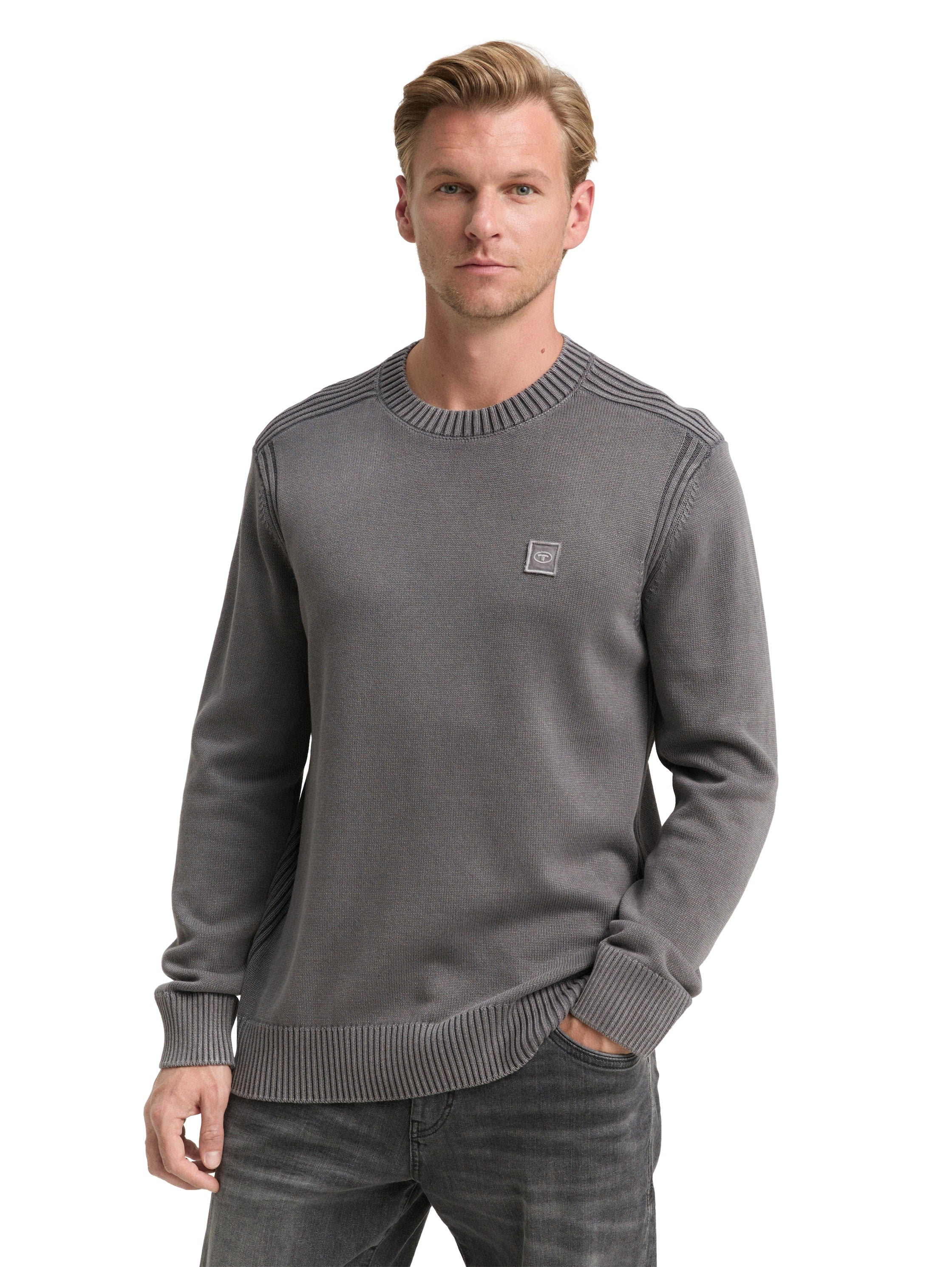 Tom Tailor Washed-look knitted Dark Grey Pullover Made From Cotton