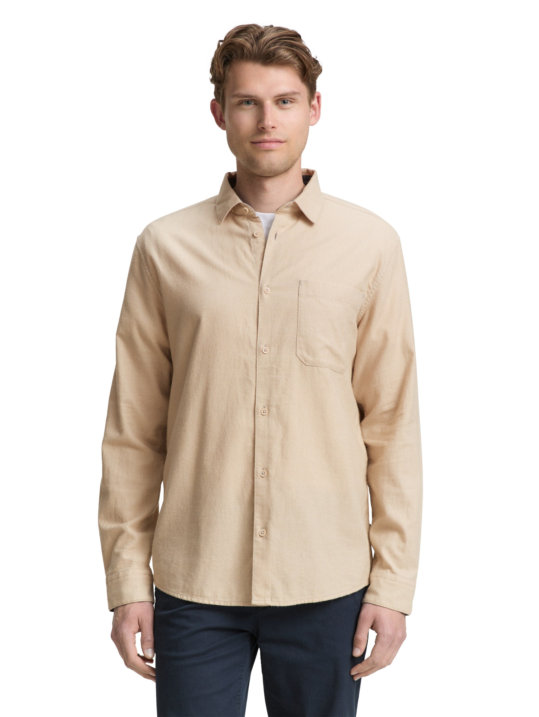 Tom Tailor Long Sleeved Beige Shirt With Chest Pocket