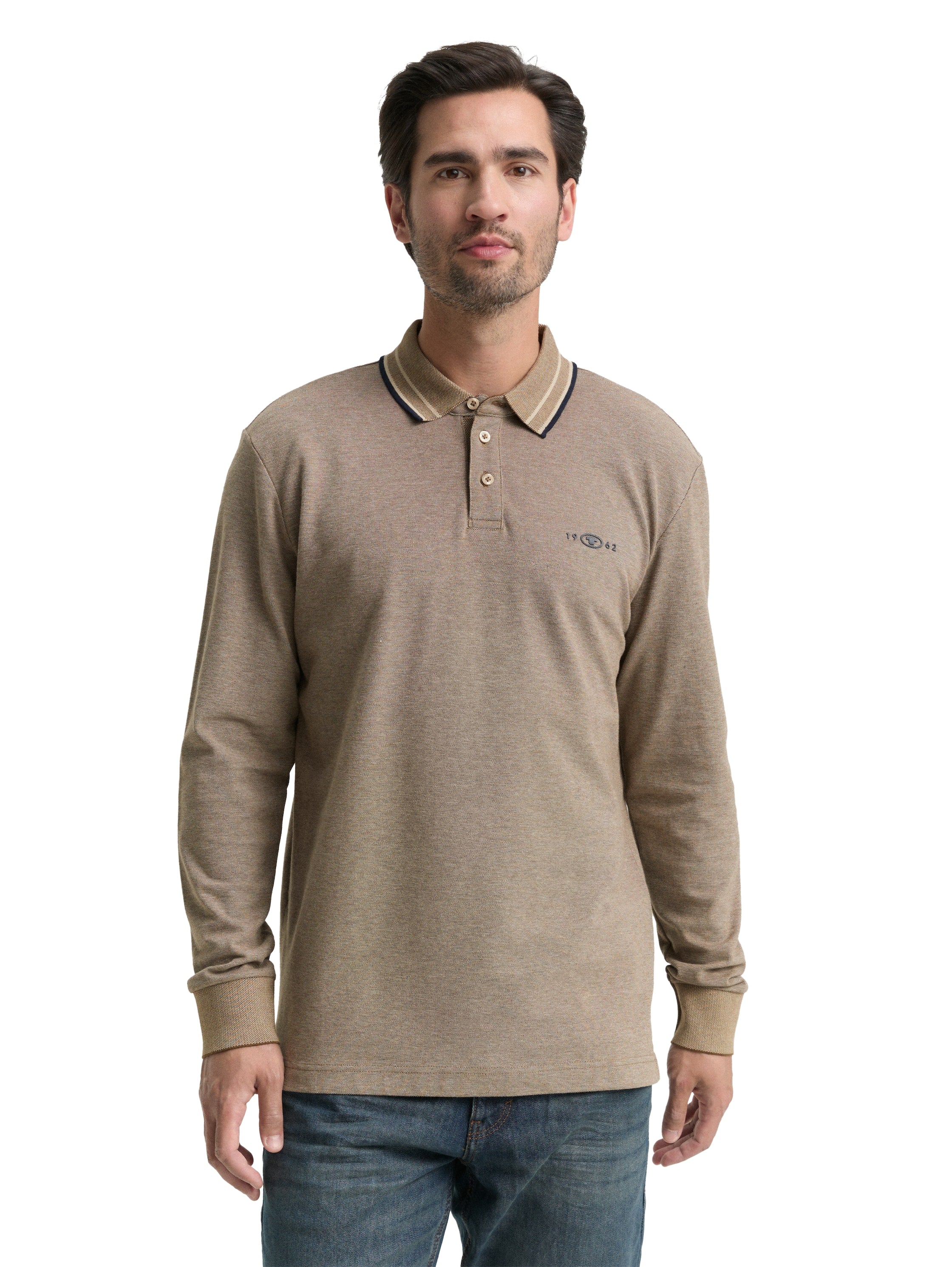 Tom Tailor Long-sleeved Piqué Beige Polo with Logo Print