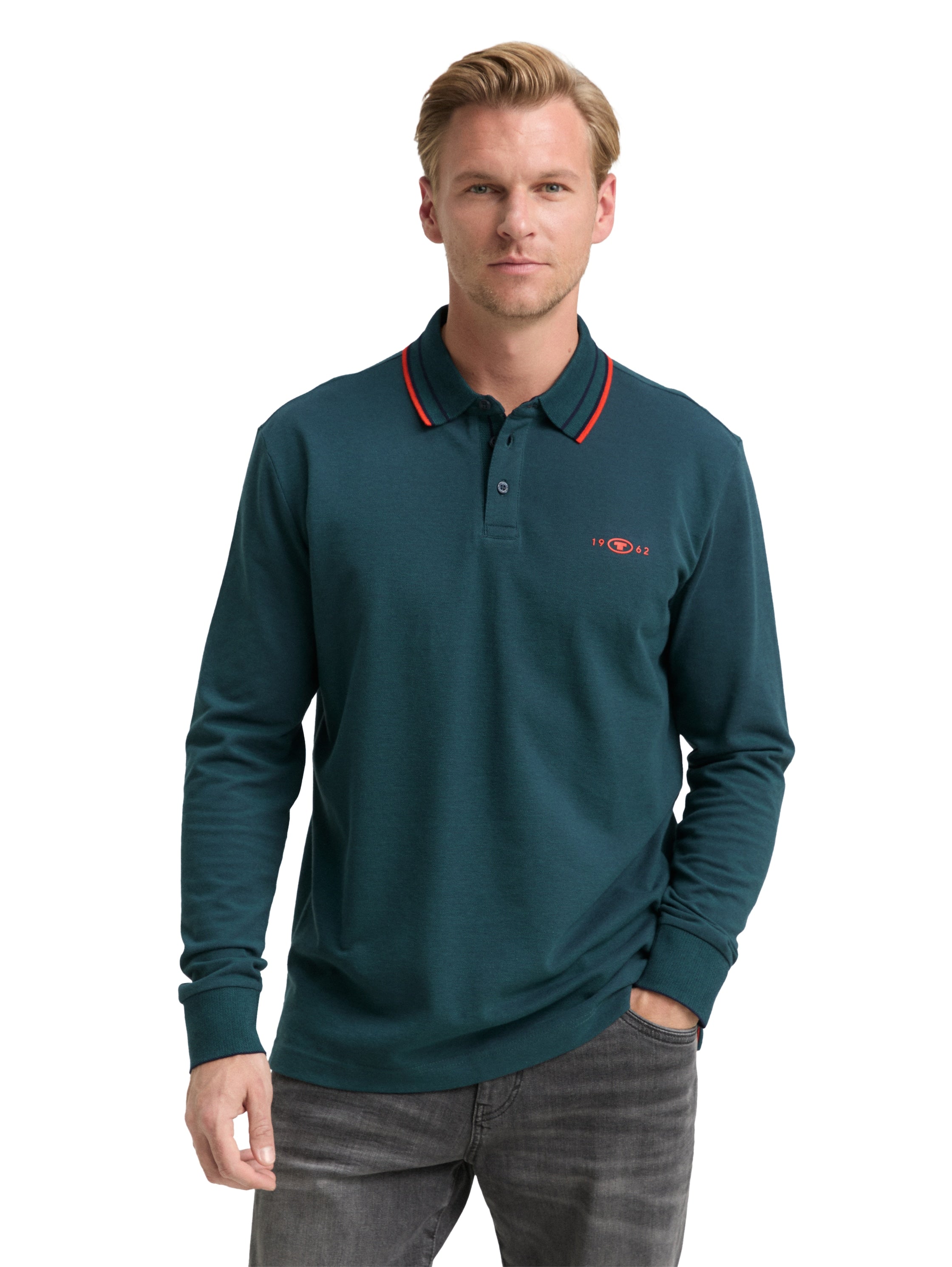 Tom Tailor Long-sleeved Piqué Green Polo with Logo Print