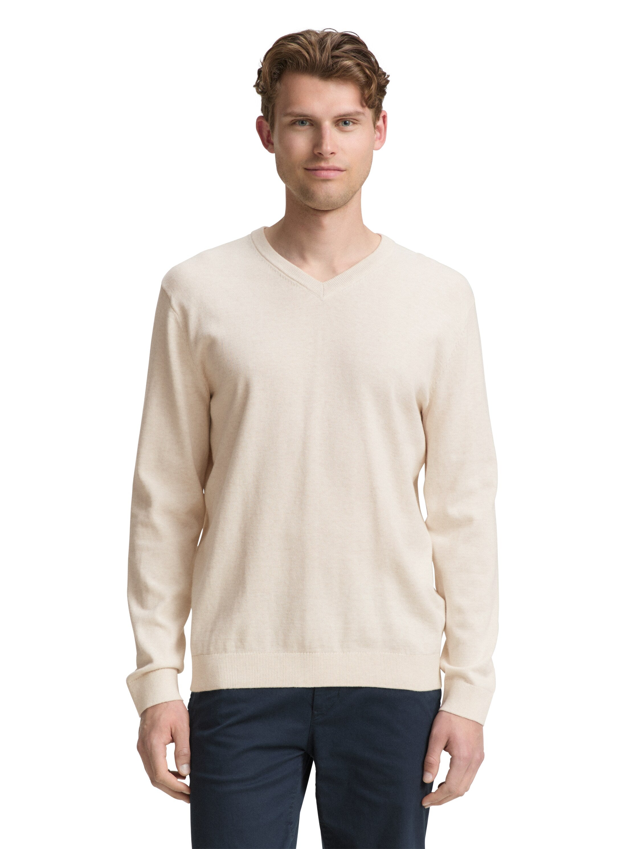 Tom Tailor Cotton V-Neck Knitted Offwhite Pullover