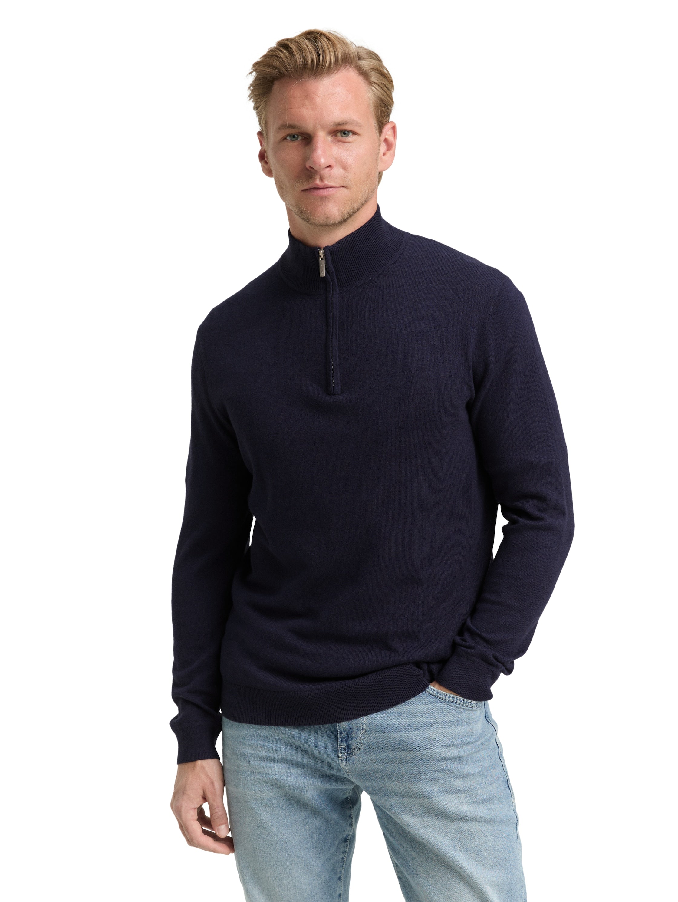 Tom Tailor Knit Navy Pullover With Half Zipper To Close